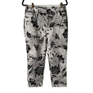 Chico's the Platinum Girlfriend Crop Slim Fit Floral Pants Black White Medium